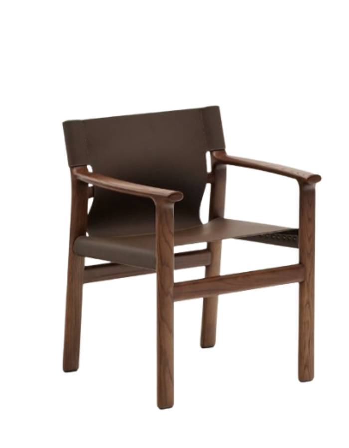 FAUTEUIL JAN EN FIBRES DE CUIR RECYCLE MARRON FONCE ET FRENE NOYER