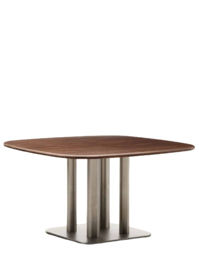 TABLE MELVAR EN PLACAGE DE NOYER  PIED AVEC BASE EN ACIER 121X121 CM