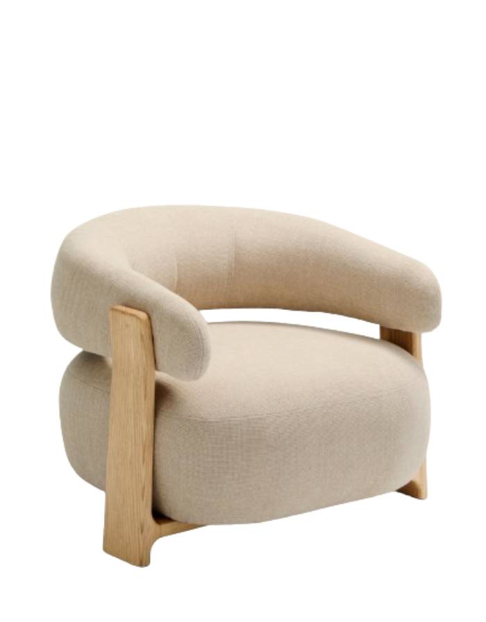 FAUTEUIL GRANITE TISSU CHENILLE BEIGE PIEDS EN BOIS DE FRENE NATUREL
