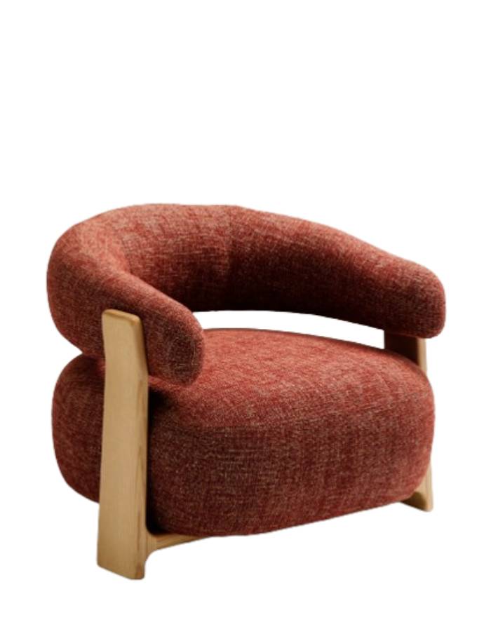 FAUTEUIL GRANITE TISSU CHENILLE TERRACOTTA PIED BOIS DE FRENE NATUREL