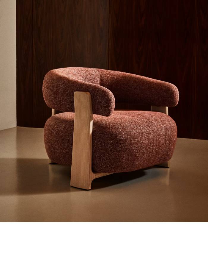 FAUTEUIL GRANITE TISSU CHENILLE TERRACOTTA PIED BOIS DE FRENE NATUREL