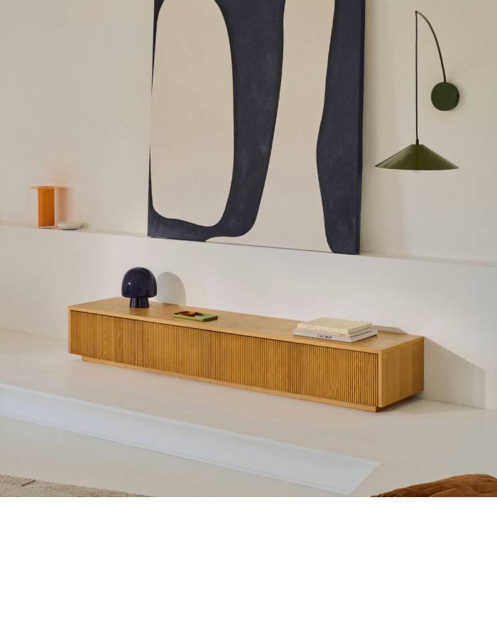 Meuble TV Helvine 4 tiroirs en placage de chêne 200 x 40 cm FSC 100 %